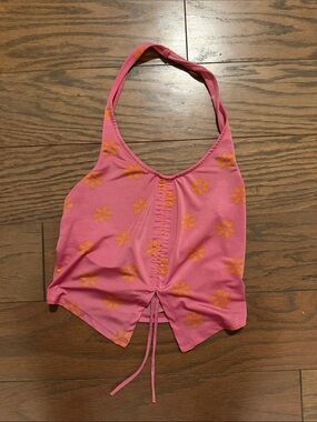 Pink Floral Halter Tank Top with Front Tie